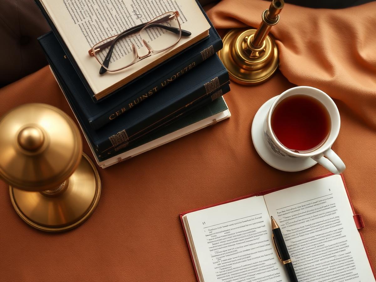 An editor's desk with stacked books, reading glasses, tea, and a notebook