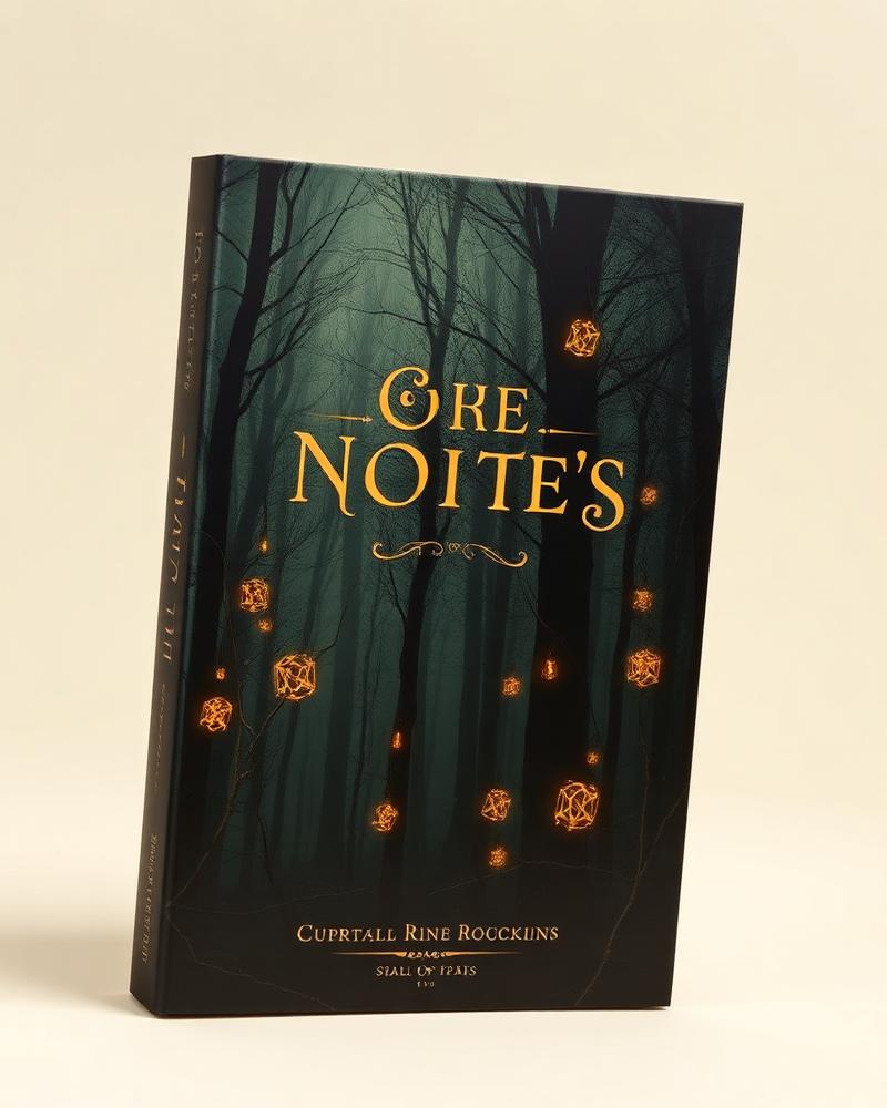Fantasy book cover mockup with glowing golden runes in a dark forest